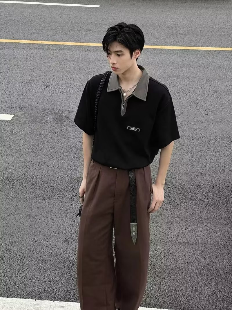 30代メンズファッション バイカラー襟半袖プルオーバーシャツ