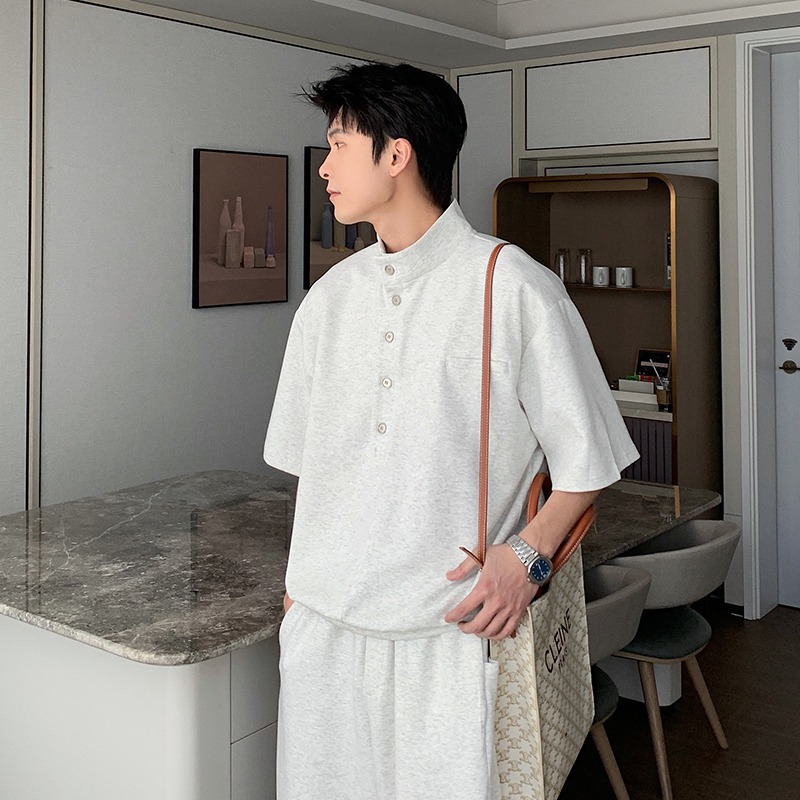 30代メンズファッション スタンドカラー五分袖プルオーバー