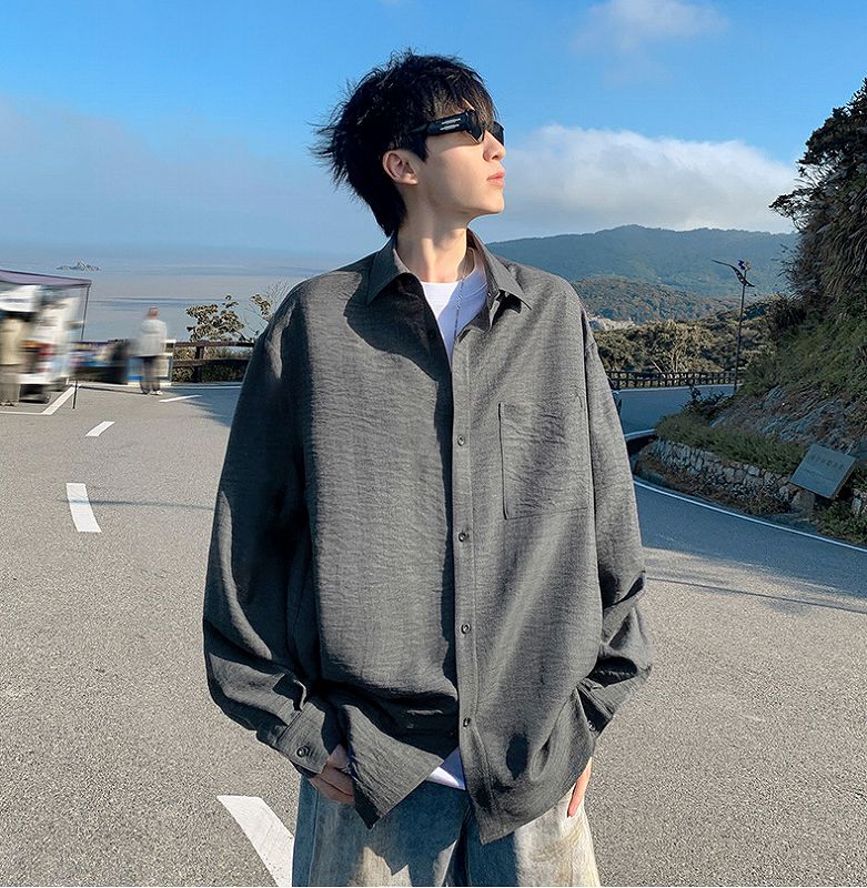 30代メンズファッション 無地長袖シャツ グレー オーバーサイズ 春秋新作
