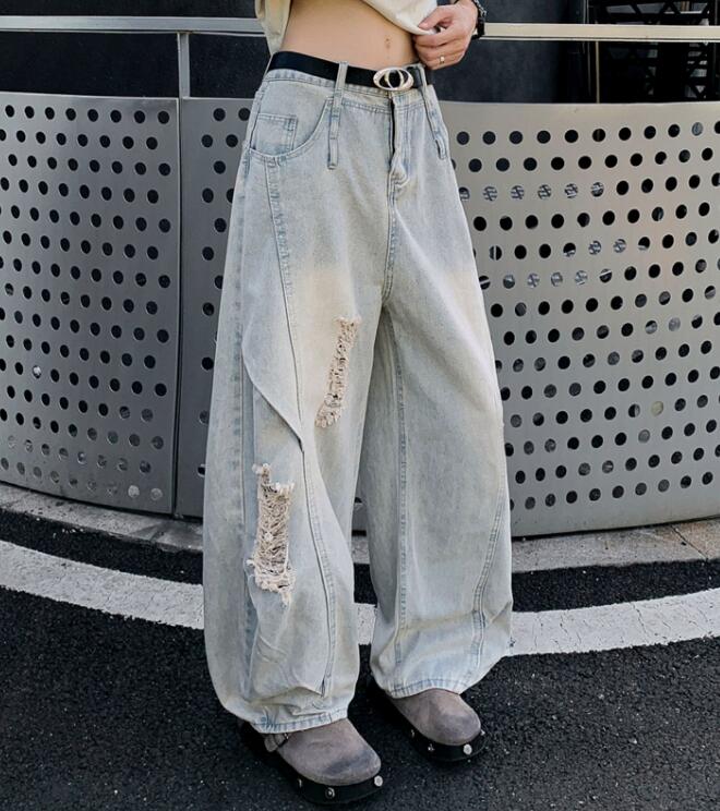 30代メンズファッション ダメージ加工デニムワイドパンツ グレー