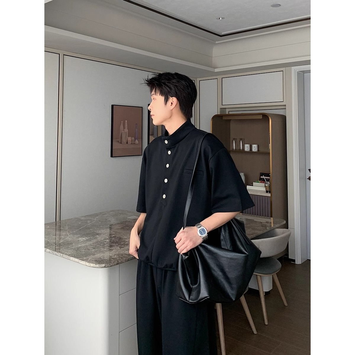 30代メンズファッション スタンドカラー五分袖プルオーバー