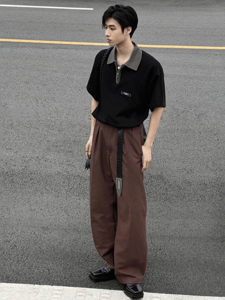 30代メンズファッション バイカラー襟半袖プルオーバーシャツ