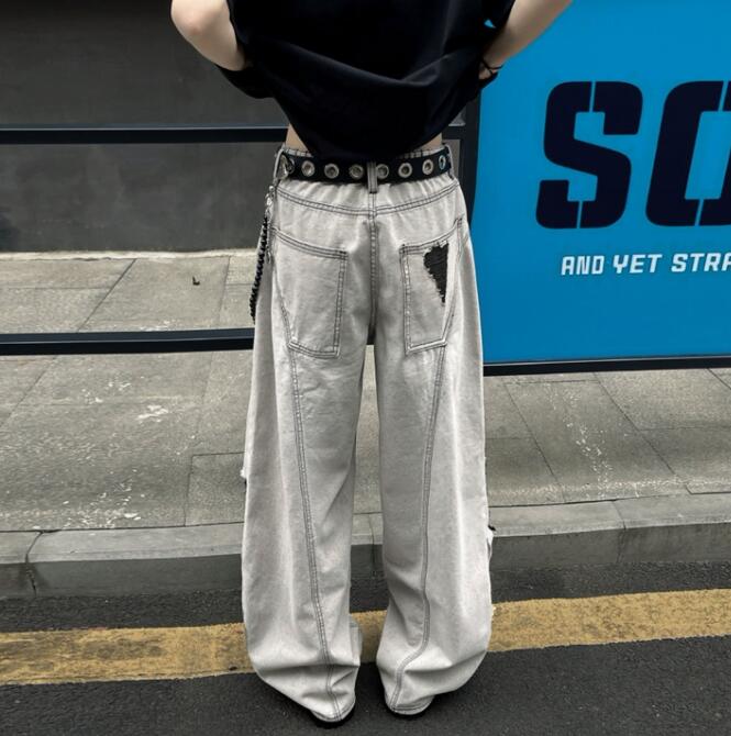 30代メンズファッション ダメージ加工デニムワイドパンツ グレー