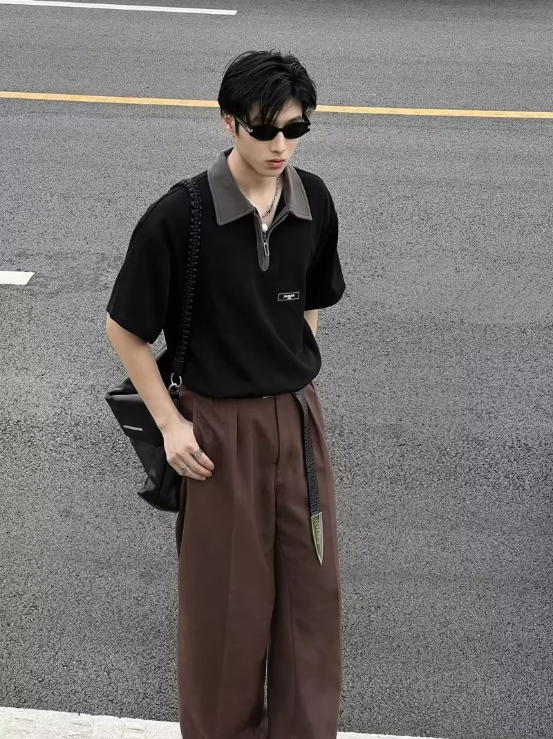 30代メンズファッション バイカラー襟半袖プルオーバーシャツ