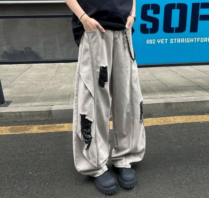 30代メンズファッション ダメージ加工デニムワイドパンツ グレー