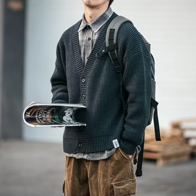 30代メンズファッション 職人織りワッフル編みカーディガン