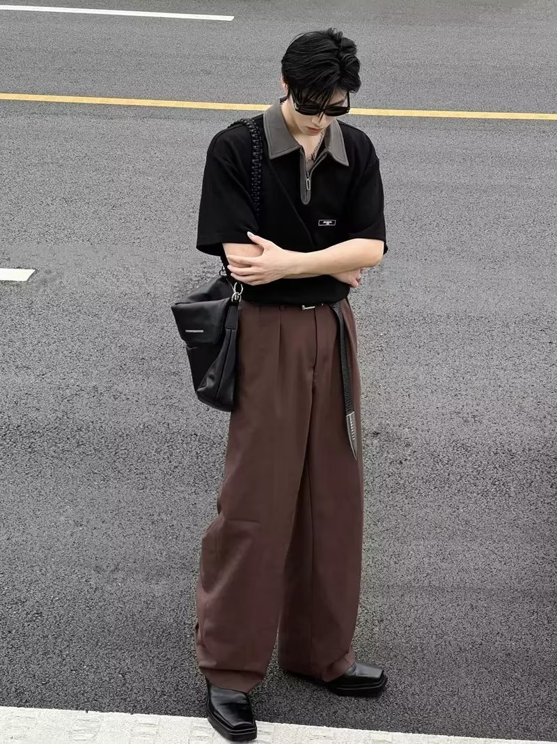 30代メンズファッション バイカラー襟半袖プルオーバーシャツ
