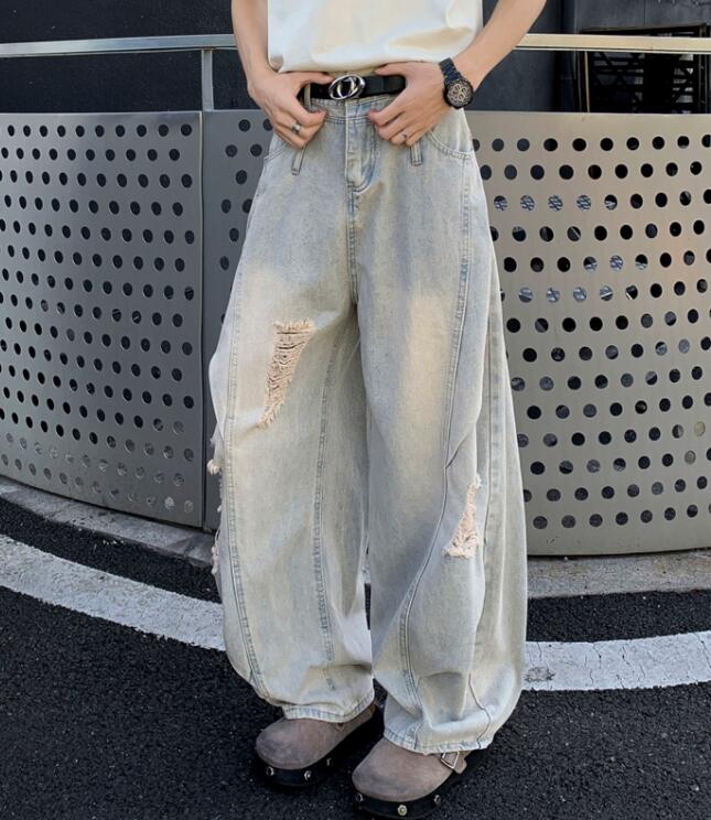 30代メンズファッション ダメージ加工デニムワイドパンツ グレー