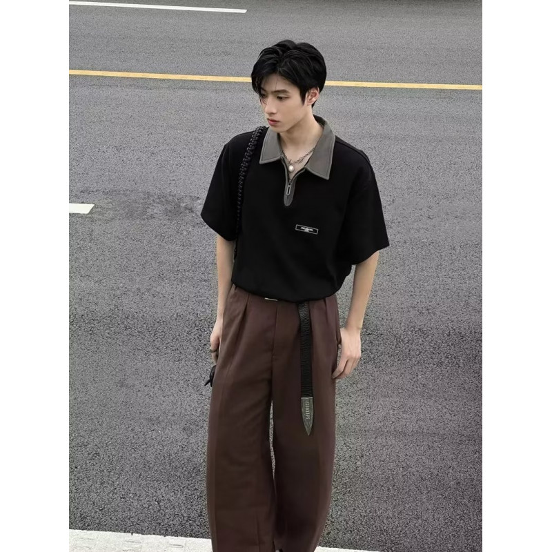 30代メンズファッション バイカラー襟半袖プルオーバーシャツ