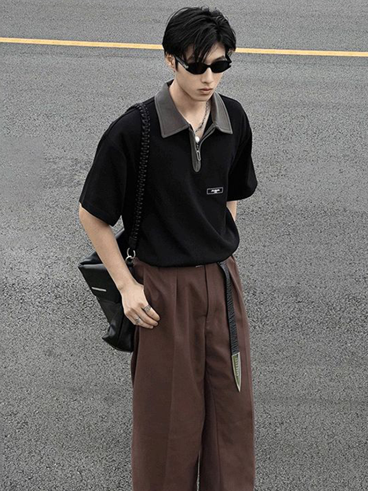 30代メンズファッション バイカラー襟半袖プルオーバーシャツ