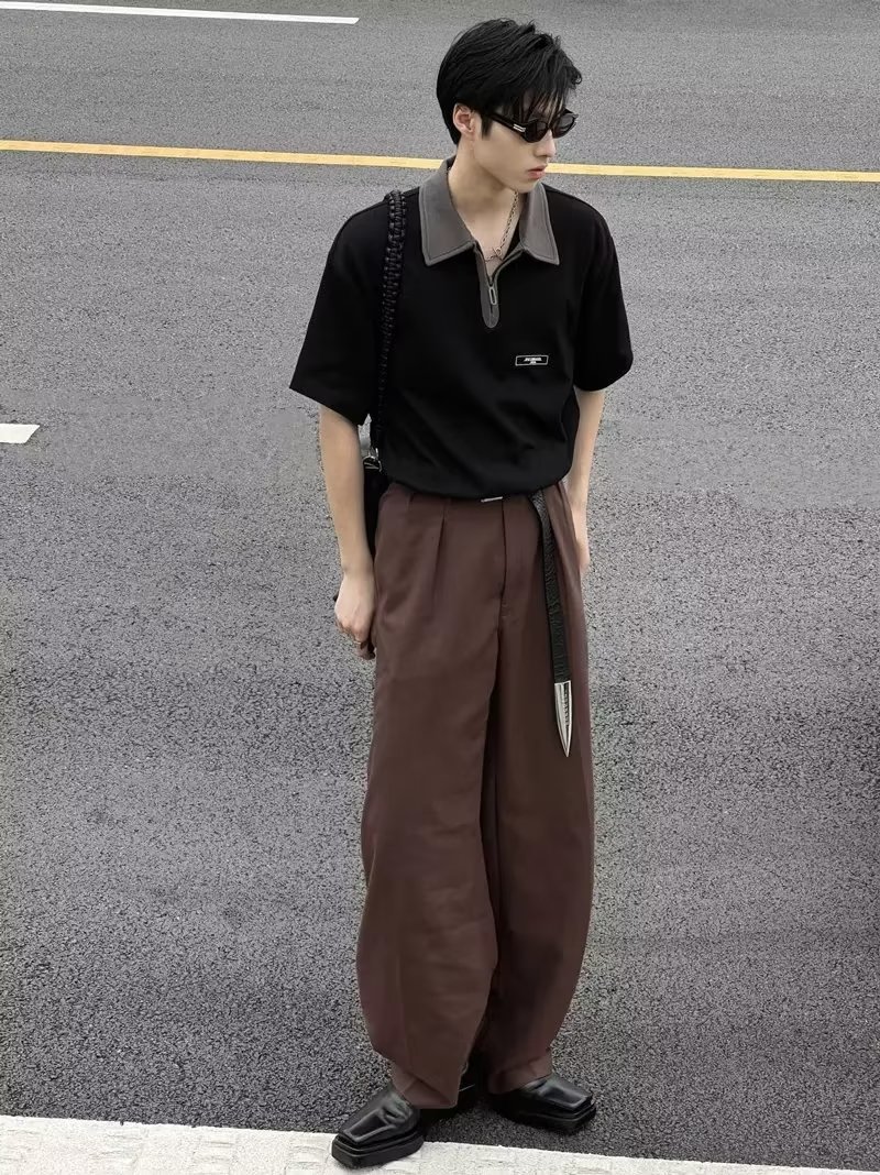 30代メンズファッション バイカラー襟半袖プルオーバーシャツ