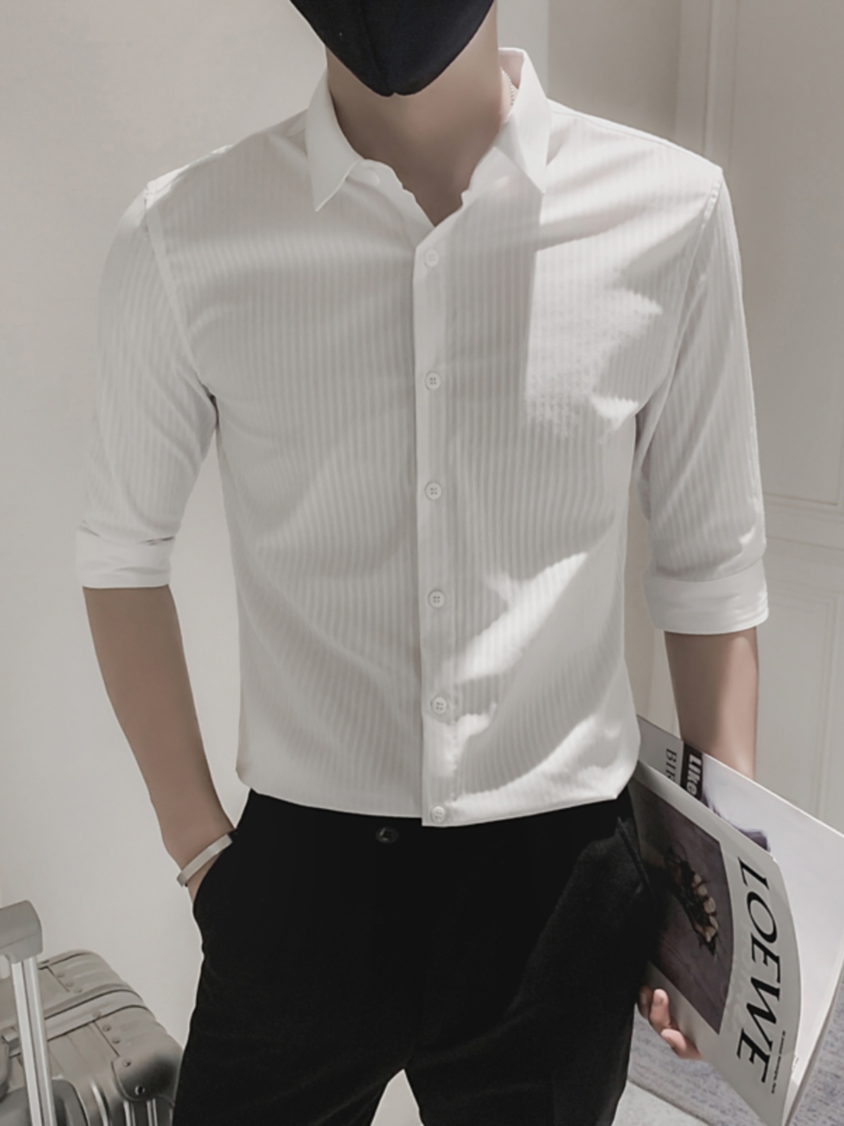30代メンズファッション 五分袖ストライプドレスシャツ
