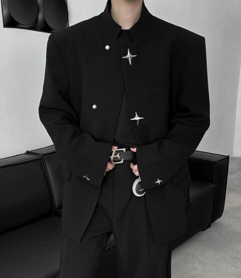 30代メンズファッション 黒色テーラードジャケット星デザイン三十代男性用