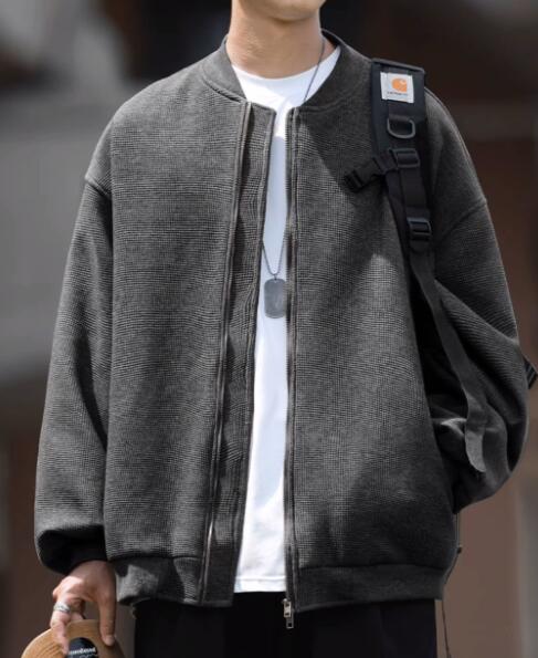 30代メンズファッション チェック柄ノーカラージャケット軽量アウター