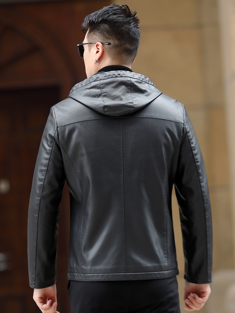 30代メンズファッション 上質フード付きレザージャケット