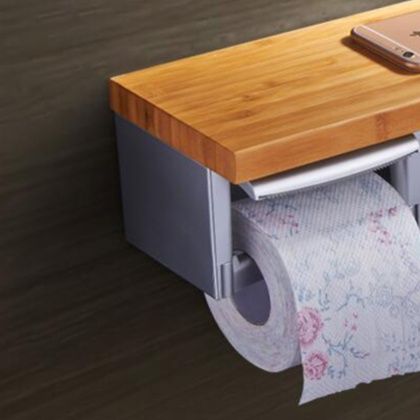 トイレ収納 竹製棚付き二連ペーパーホルダー