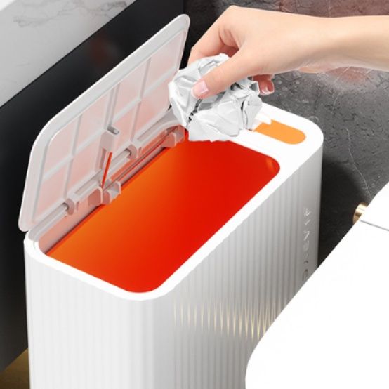 トイレ収納 縦縞模様付き蓋付き衛生用品収納箱