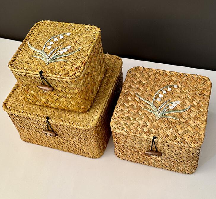 トイレ収納 竹製編み込み小物入れ 蓋付き収納ボックス