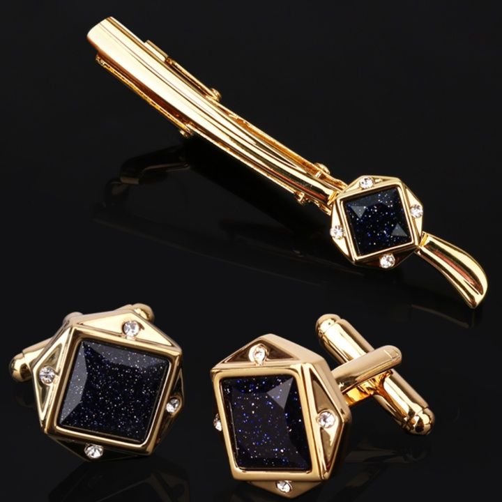 ネクタイピン 星空天然石六角形ネクタイピンとカフスボタンセット