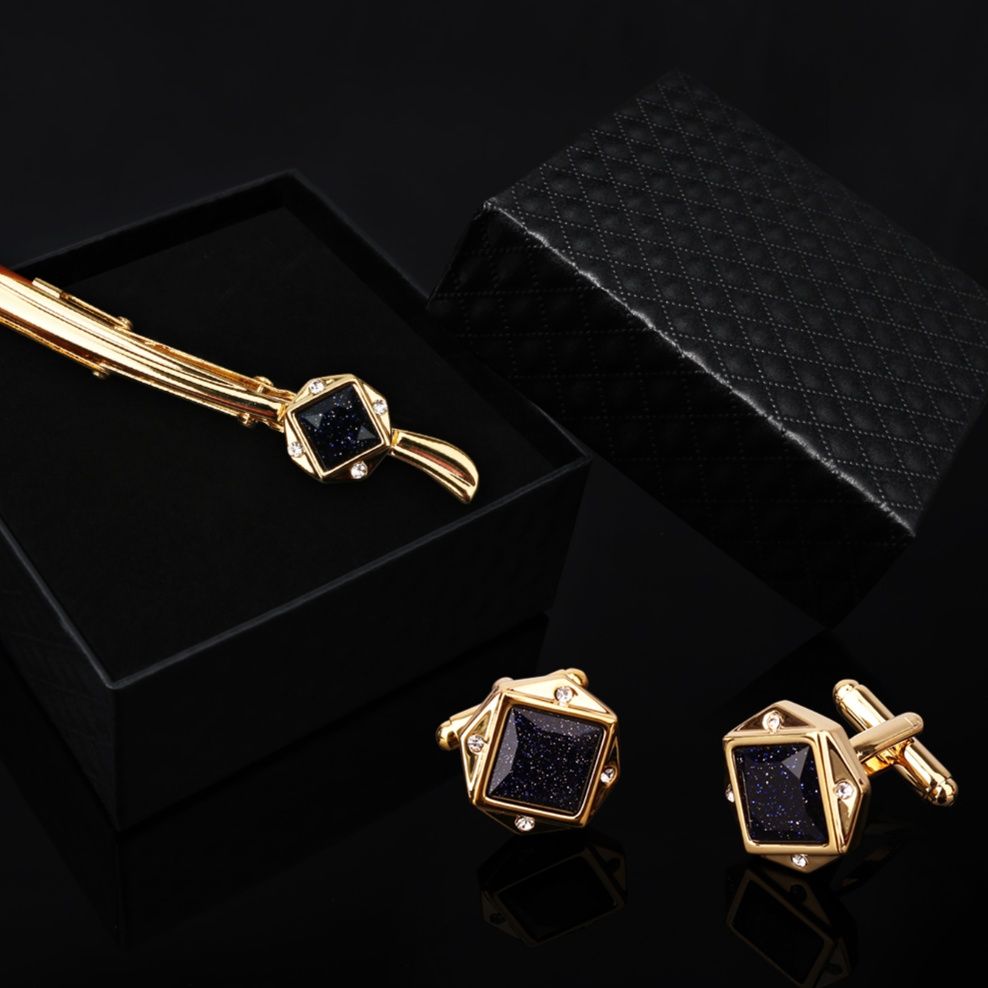 ネクタイピン 星空天然石六角形ネクタイピンとカフスボタンセット