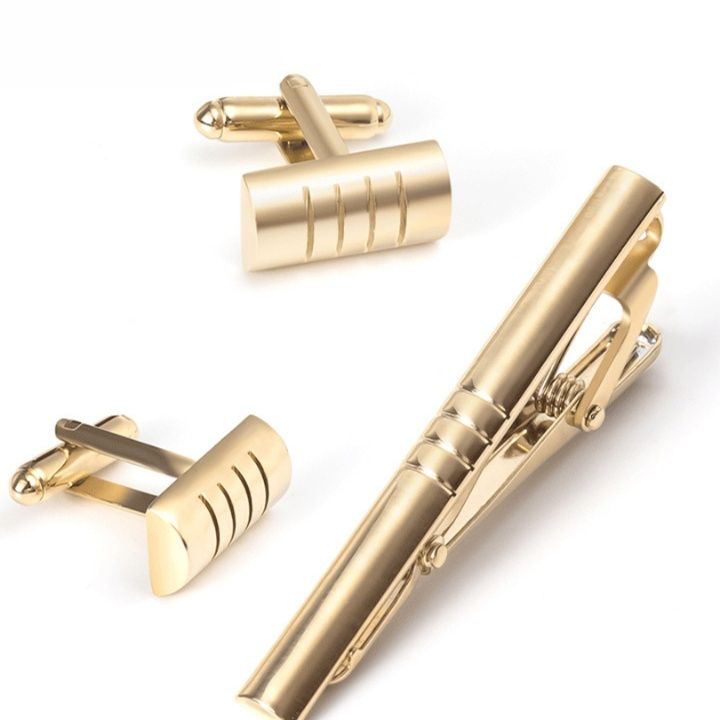 ネクタイピン 横縞装飾ネクタイピンとカフスボタンセット