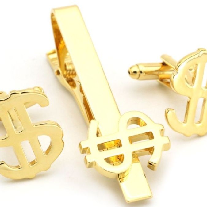 ネクタイピン 通貨記号モチーフ袖留めとネクタイピンセット