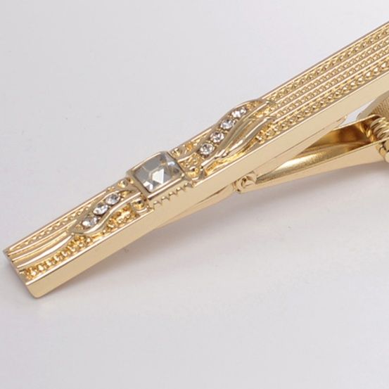 ネクタイピン クリスタル装飾付き格子模様金属製ネクタイピン