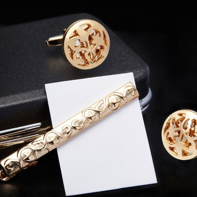 ネクタイピン 手工彫刻花紋ネクタイピンカフス三点セット
