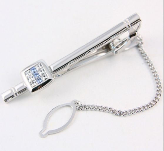 誕生石付き格子模様 鎖付きネクタイピン