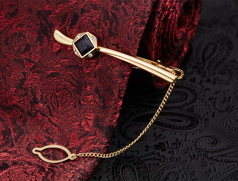 ネクタイピン 誕生石スクエア装飾 チェーン付きネクタイピン