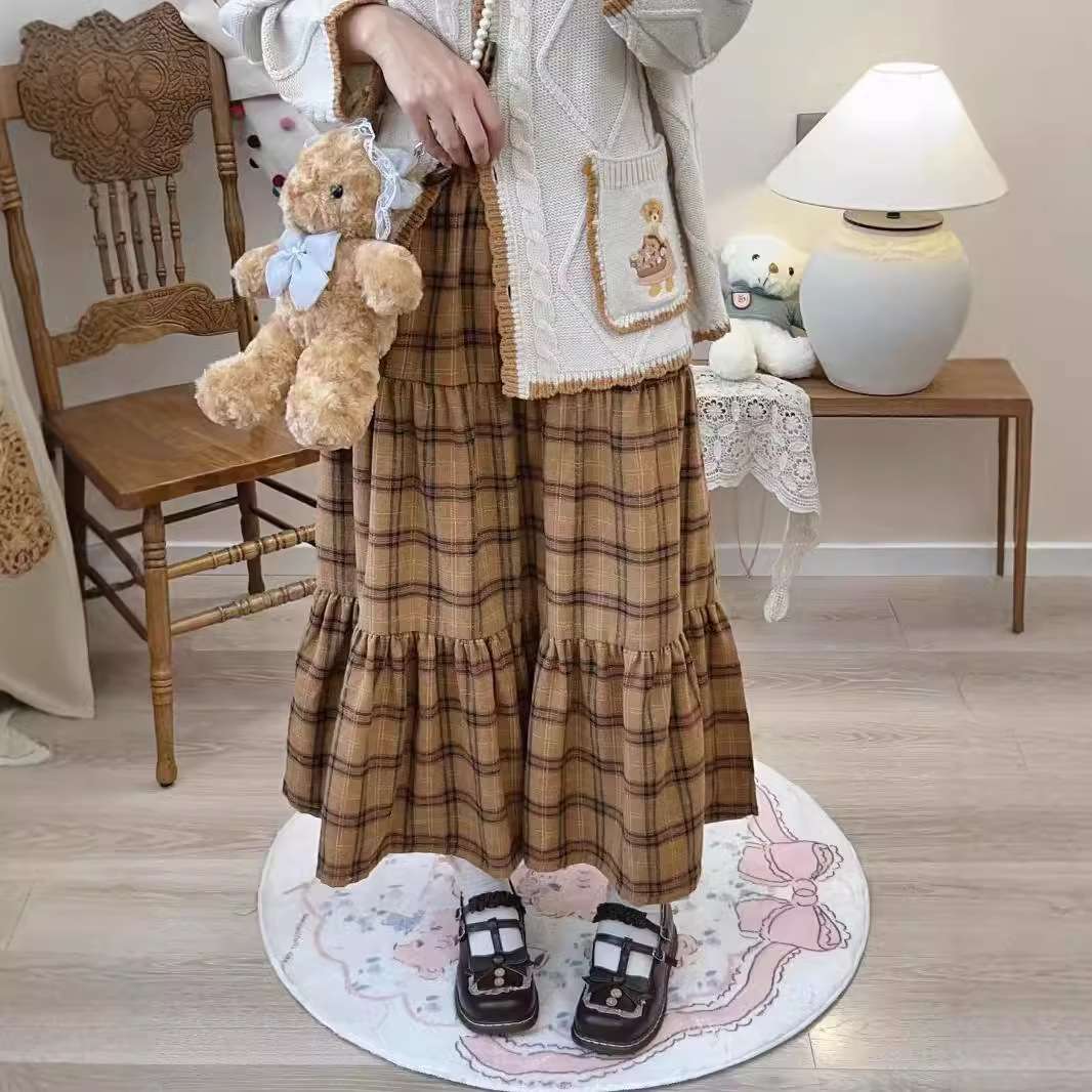 スカートティアード チェック柄ロングスカート