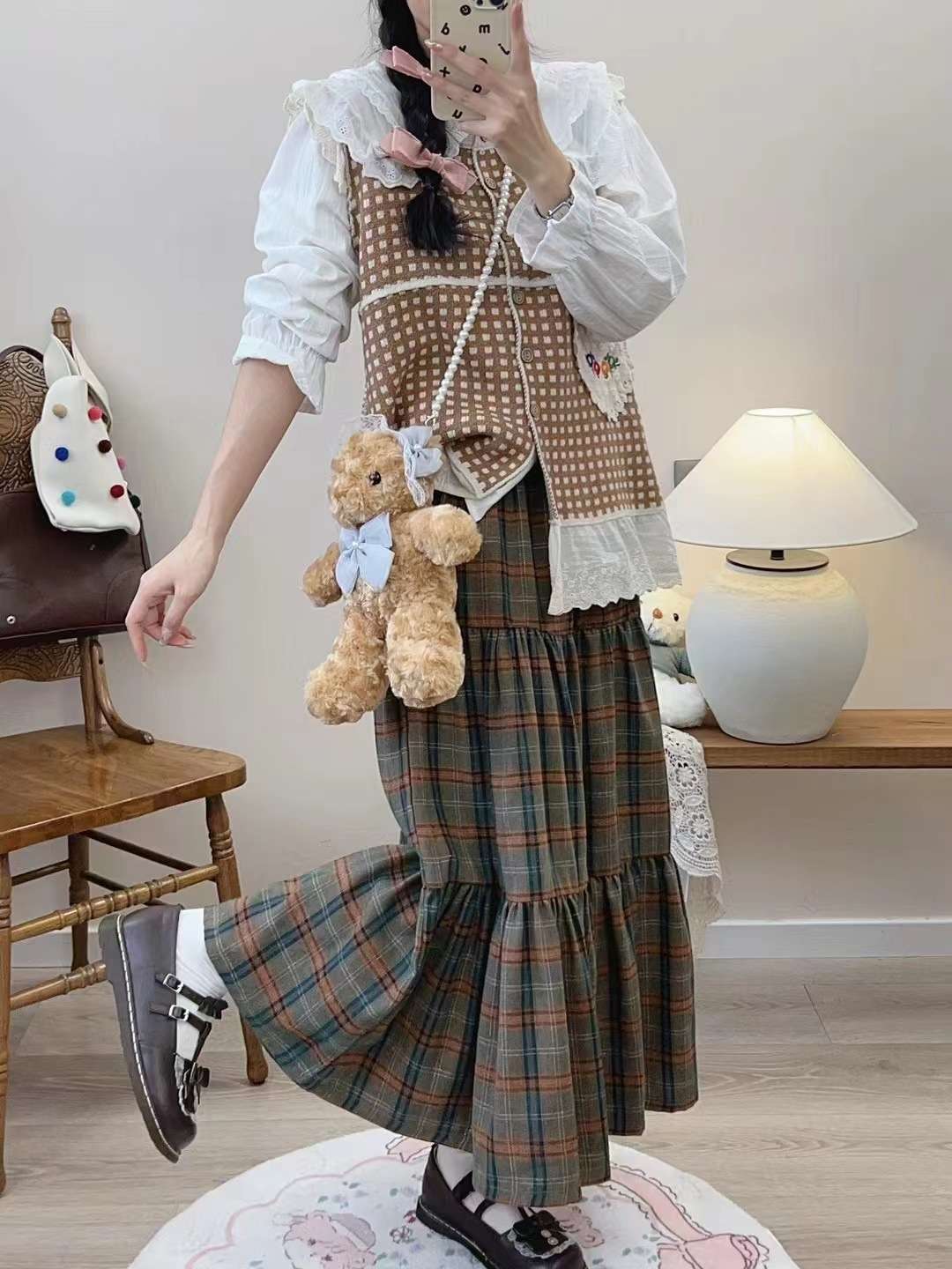 スカートティアード チェック柄ロングスカート