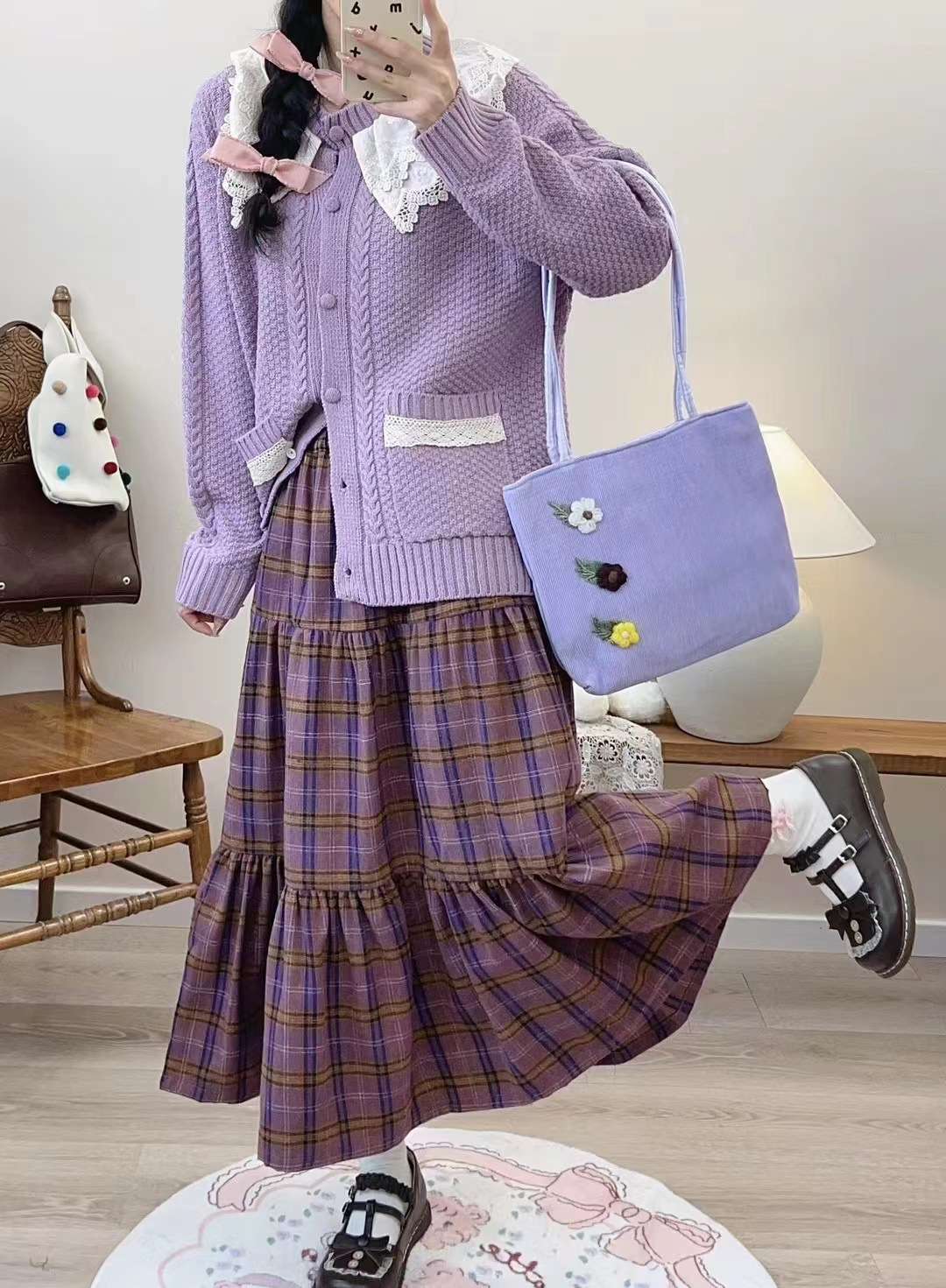 スカートティアード チェック柄ロングスカート