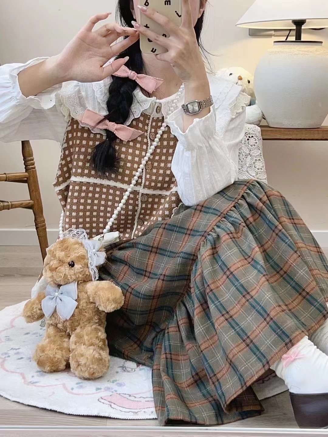 スカートティアード チェック柄ロングスカート