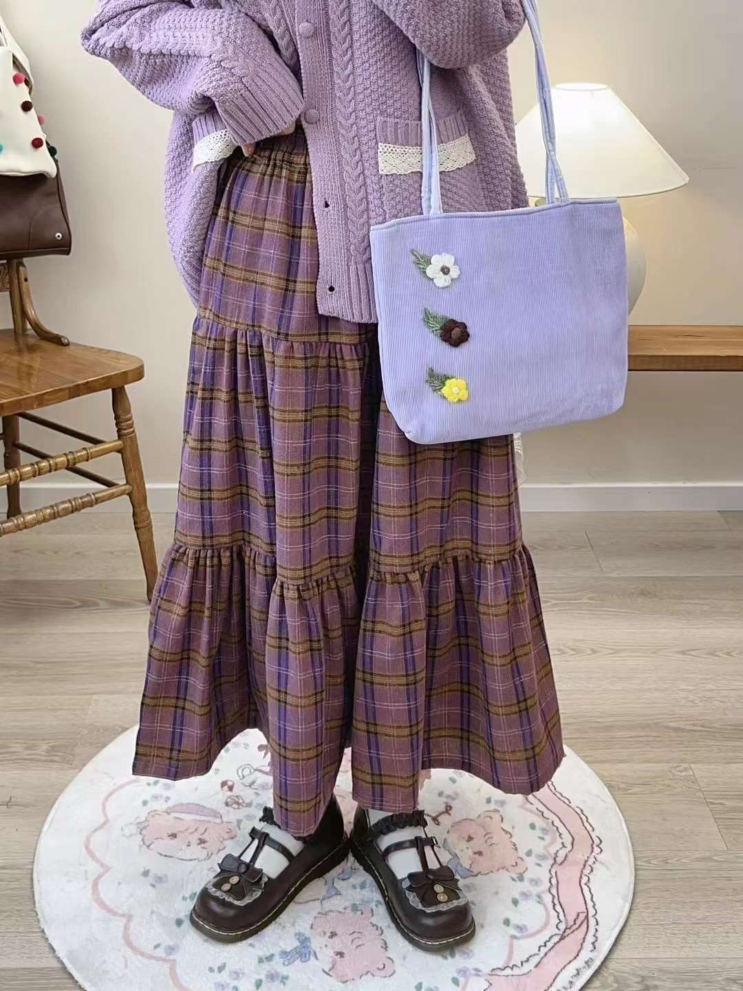 スカートティアード チェック柄ロングスカート