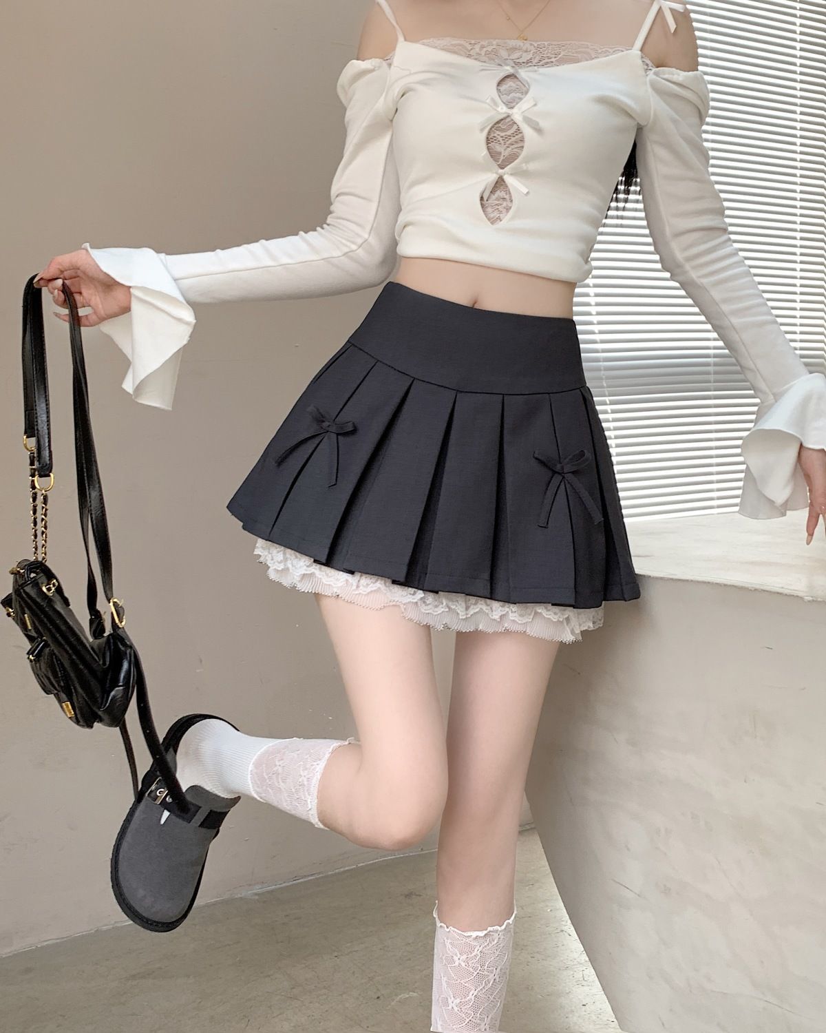 ティアードスカート  ティアードスカート  リボン付きレイヤードプリーツミニ