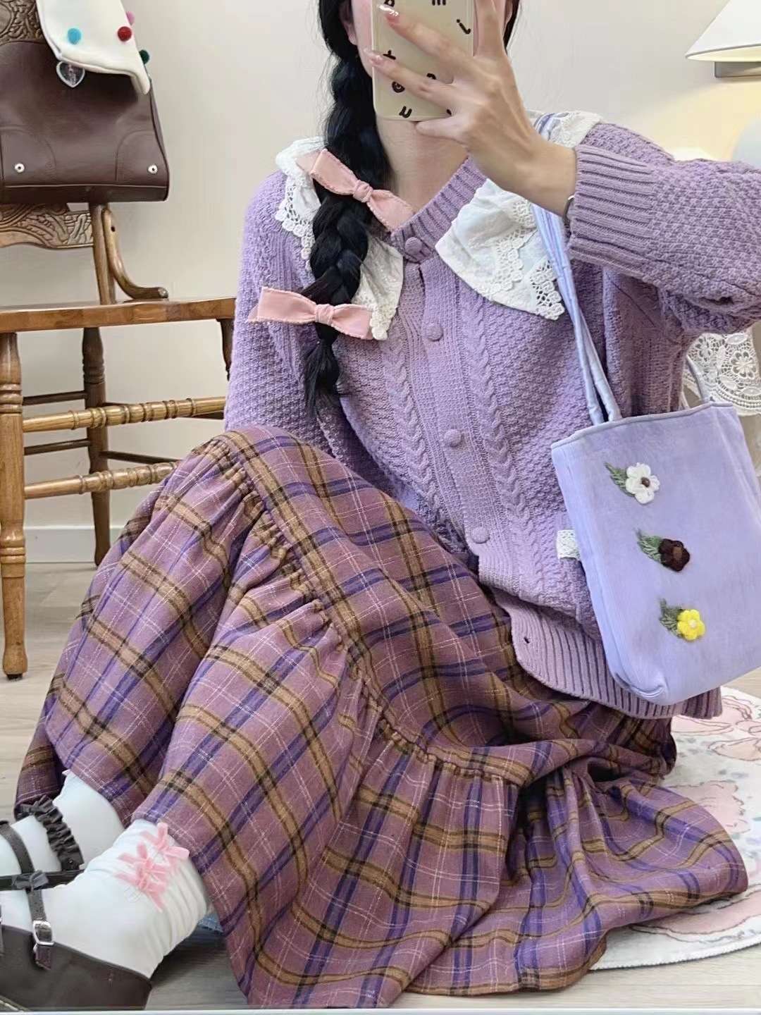 スカートティアード チェック柄ロングスカート