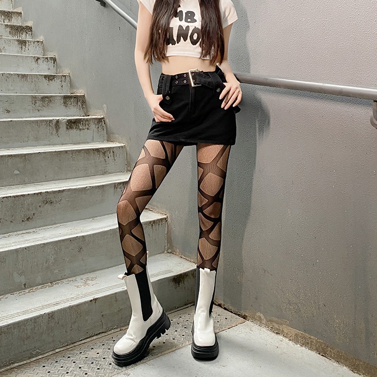 タイツ 幾何学クロス編み柄網タイツ