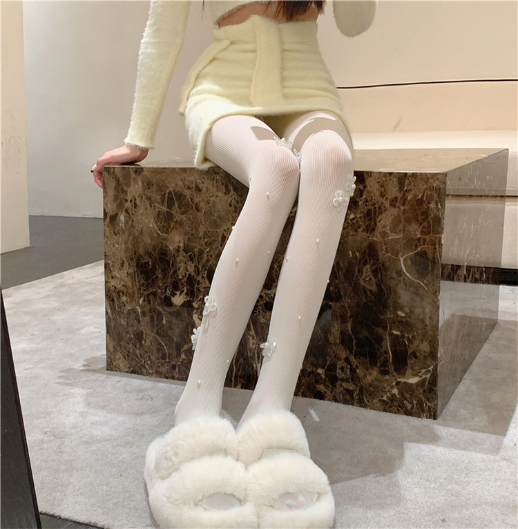 フェイク真珠装飾 花柄刺繍 透明タイツ 女性用