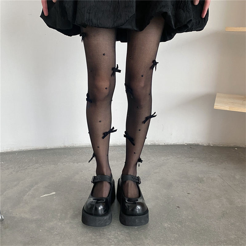 韓国風 透け感 網タイツ 黒リボン装飾 おしゃれストッキング