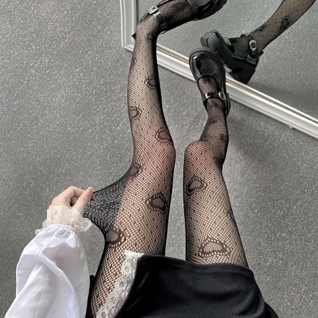 網タイツ ハート柄 黒 女性用 伸縮性抜群