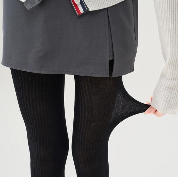 着圧リブ編みタイツ 黒 厚手ストッキング