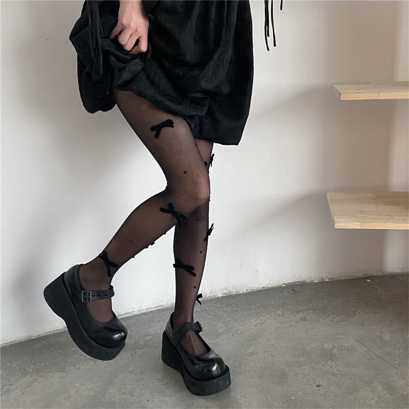 韓国風 透け感 網タイツ 黒リボン装飾 おしゃれストッキング