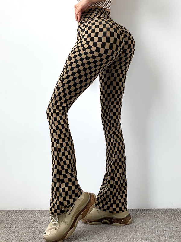 市松模様フェイクタイツ風フィットネスパンツ女性用