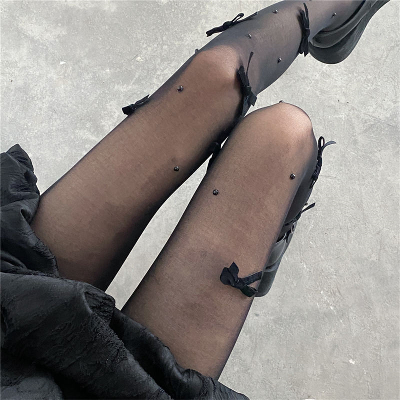 韓国風 透け感 網タイツ 黒リボン装飾 おしゃれストッキング