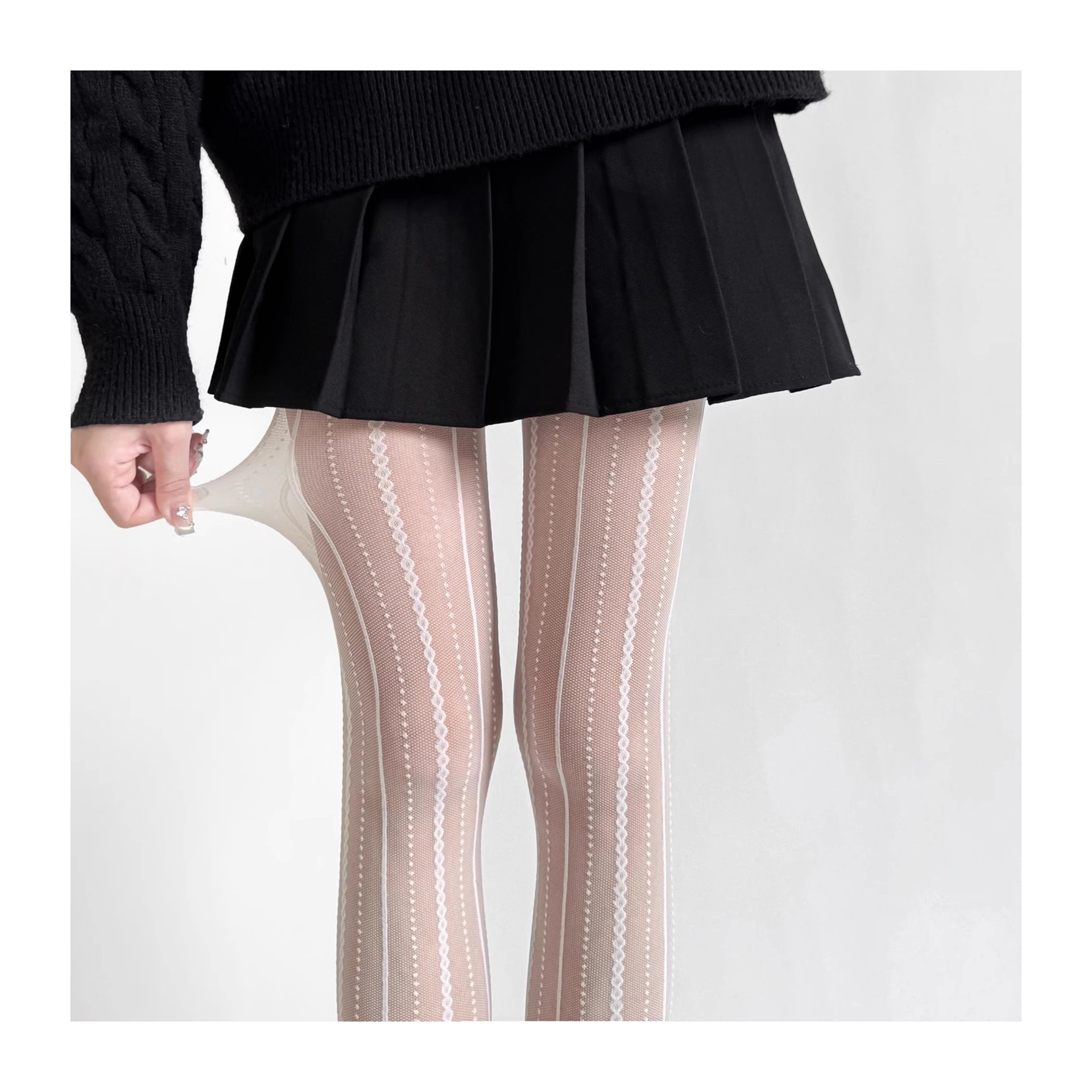 タイツ 縦ライン波型ドット網タイツ