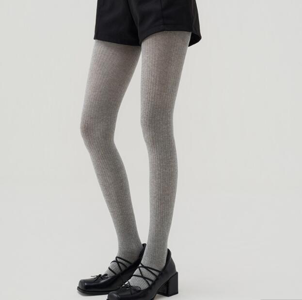 着圧リブ編みタイツ 黒 厚手ストッキング
