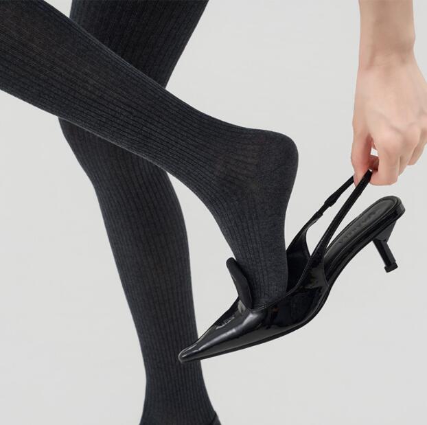 着圧リブ編みタイツ 黒 厚手ストッキング
