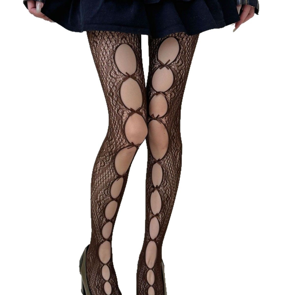 タイツ 縦ライン楕円開口リボン装飾網タイツ