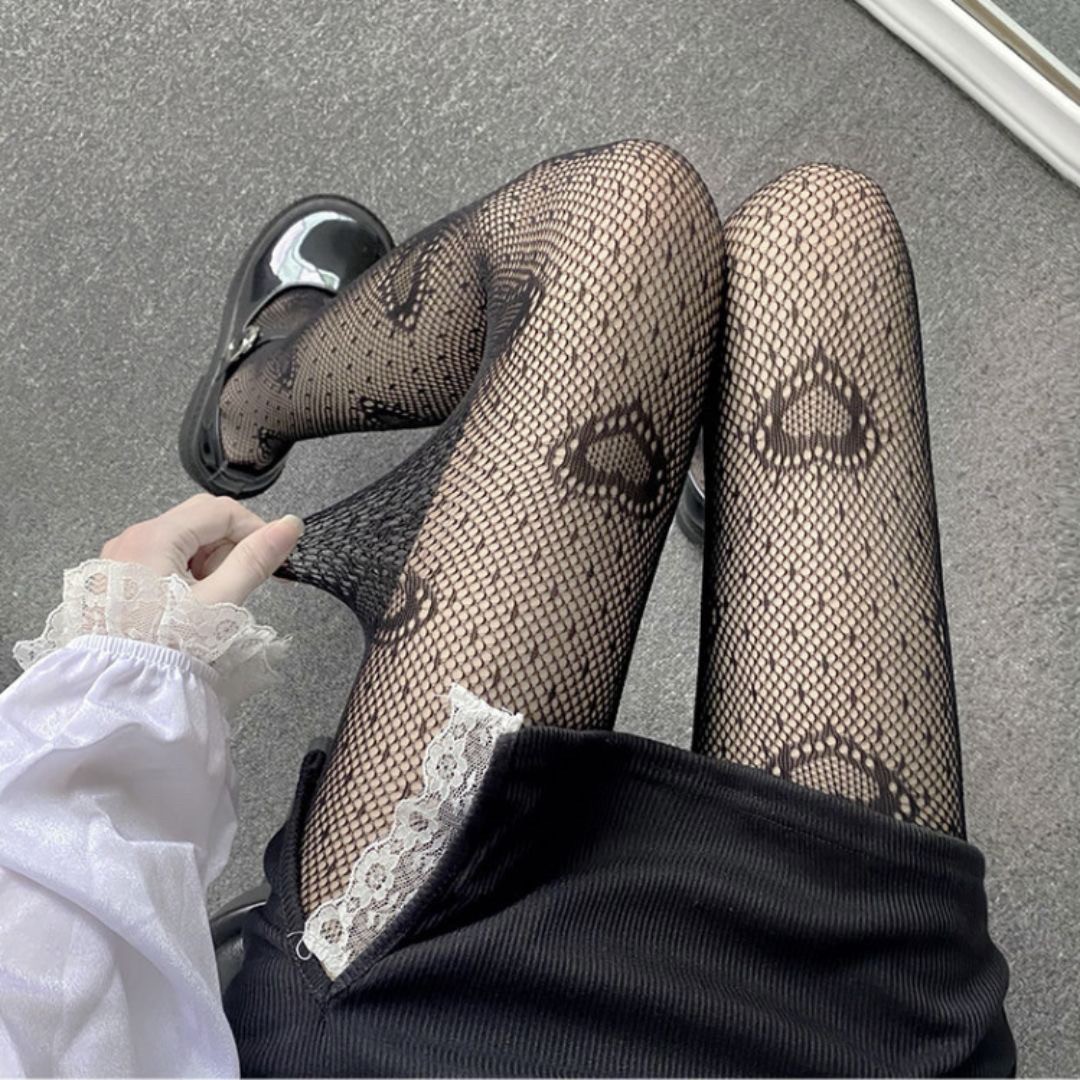 網タイツ ハート柄 黒 女性用 伸縮性抜群